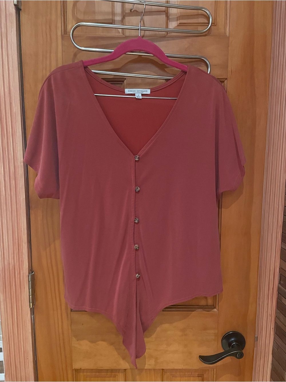 Green Envelope Rose V-Neck Button Front top.